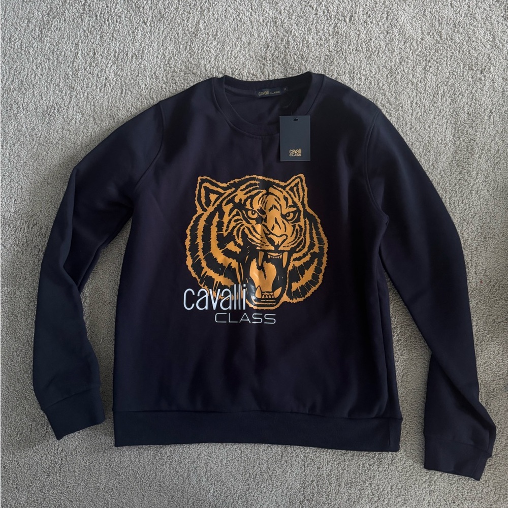 NWT Cavalli Class Navy Sweater with Tiger Design